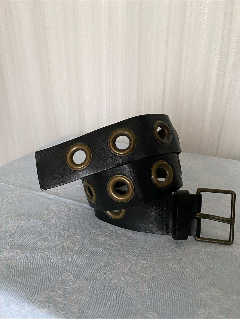 Dark Brown Leather Grommet Waist Belt with Antique Brass Hardware